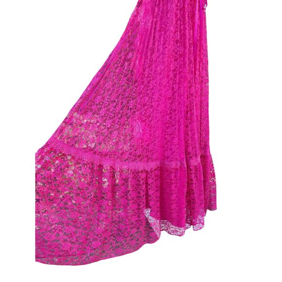 Vtg 60s 70s Union Made Barbie Hot Pink Empire Waist Lace Strappy Maxi Dress Sz S - Picture 6 of 8